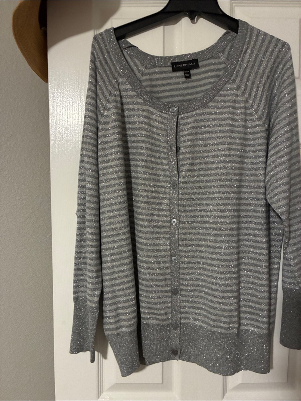 Lane Bryant Silver and Light Gray Striped Metallic Cardigan